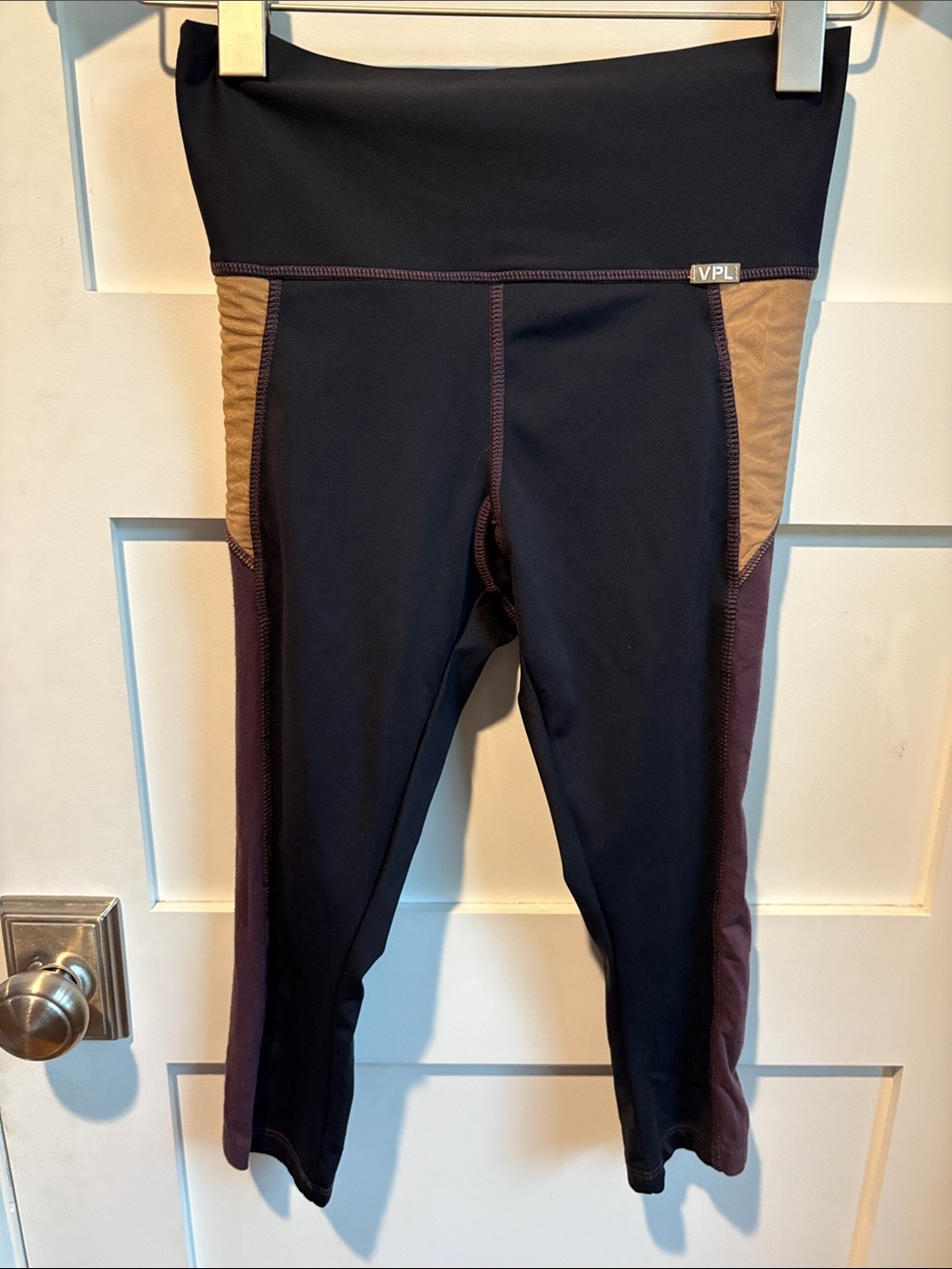 VPL Cropped Black Leggings with Brown and Deep Purple Panels